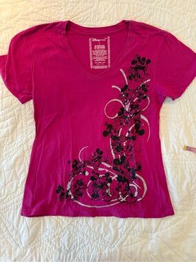 Disney Magenta with Silver accents V-Neck Tee with Black & Silver Mickey Graphic
